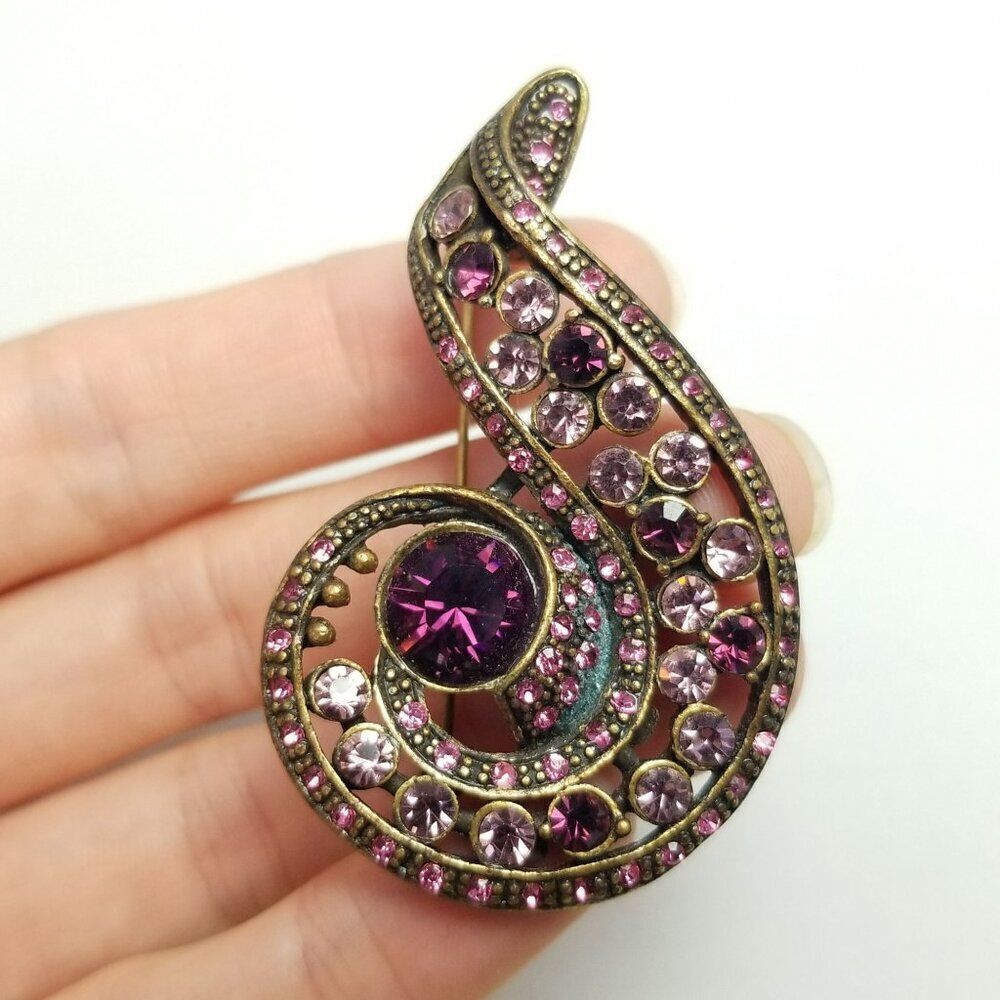 Vintage Lia Sophia Purple Rhinestone Paisley Spiral Shape Brooch, Bronze Color